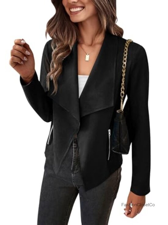 Other - Faux Suede Cropped Jacket Waterfall Collar Open Front Zip Pockets Fall
